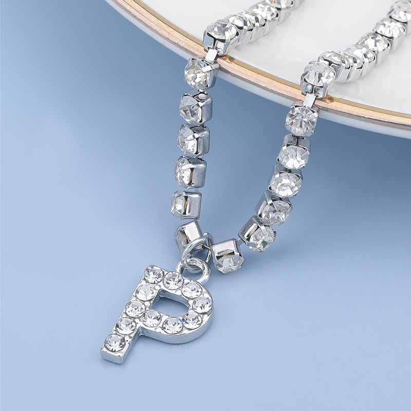 Yu Fashions Rhinestone Alphabet Name Initial Pendent Necklace Tennis Chain