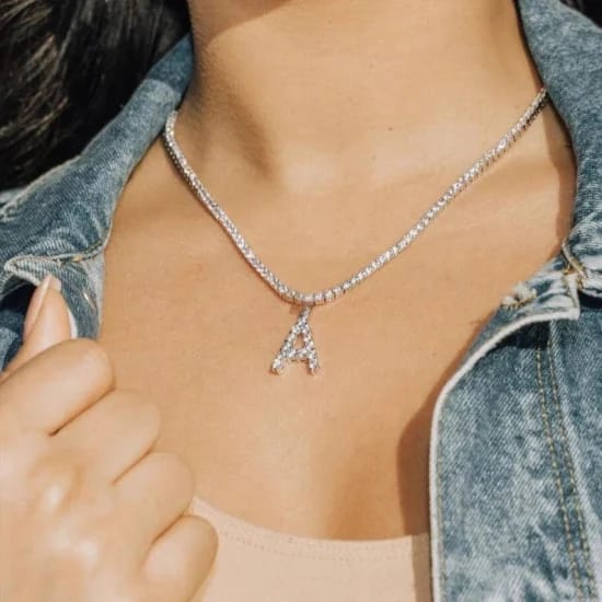 Yu Fashions Rhinestone Alphabet Name Initial Pendent Necklace Tennis Chain