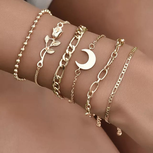 Yu Fashions 6 layered Moon Rose Link Chain Multilayered Korean Bracelet