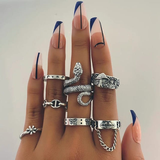 Yu Fashions Snake Chain Mushroom Link Star Korean Ring Set of 7