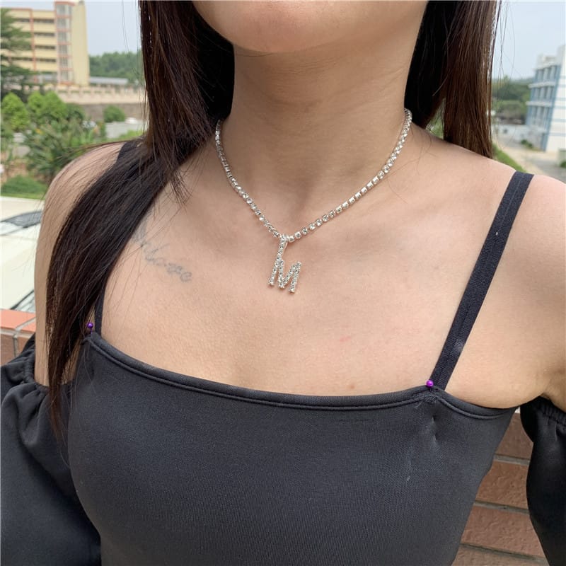 Yu Fashions Rhinestone Alphabet Name Initial Pendent Necklace Tennis Chain