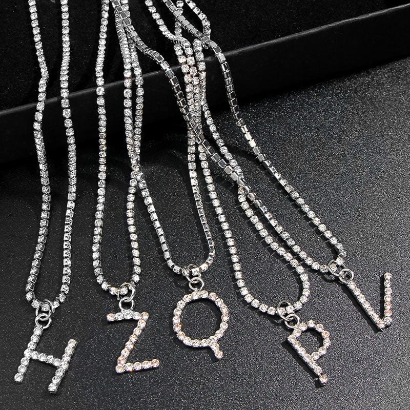 Yu Fashions Rhinestone Alphabet Name Initial Pendent Necklace Tennis Chain