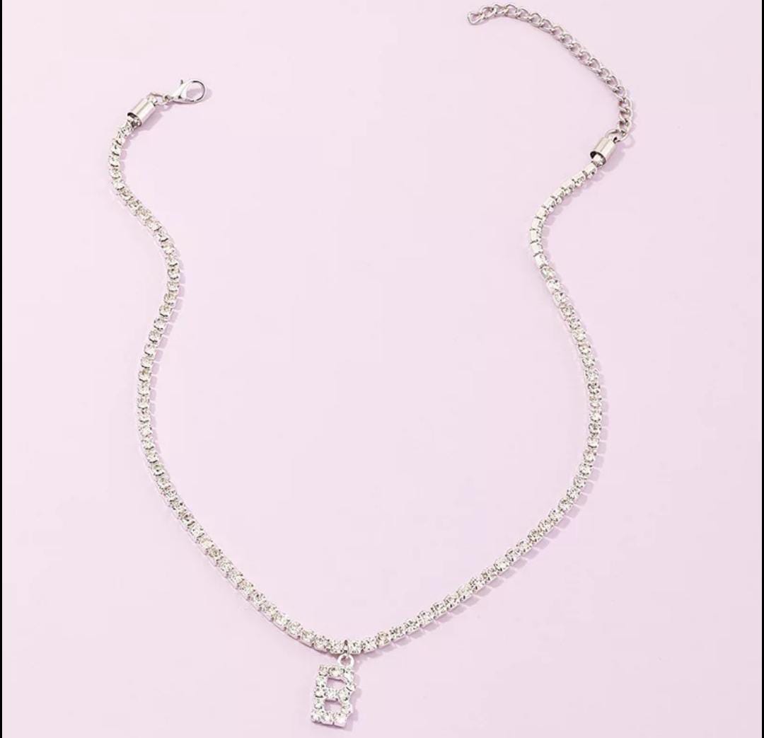Yu Fashions Rhinestone Alphabet Name Initial Pendent Necklace Tennis Chain