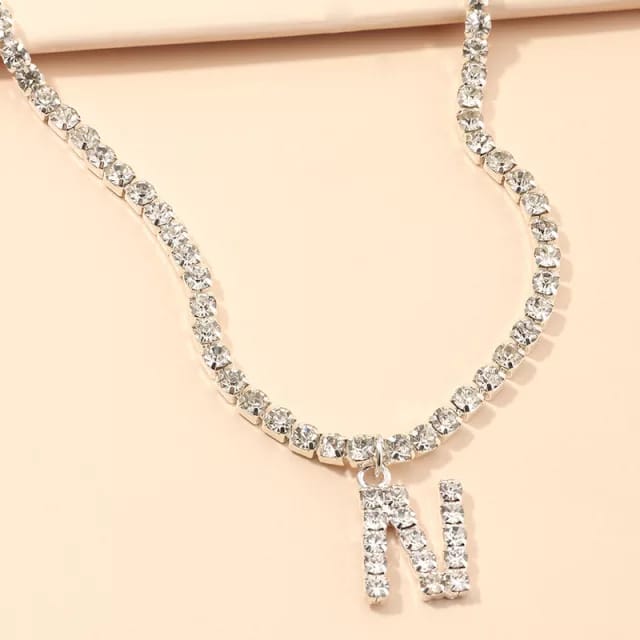 Yu Fashions Rhinestone Alphabet Name Initial Pendent Necklace Tennis Chain