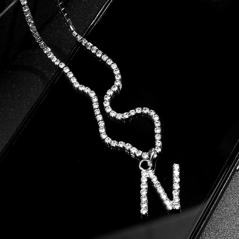 Yu Fashions Rhinestone Alphabet Name Initial Pendent Necklace Tennis Chain