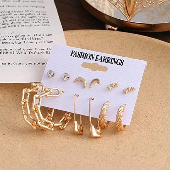 Stylish Golden Star Geometrical Safety Pin Hoop Earrings Set of 6 Pairs For Women