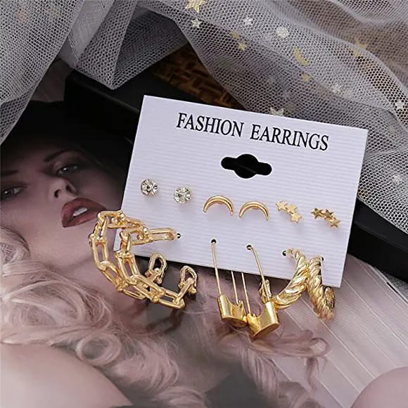 Stylish Golden Star Geometrical Safety Pin Hoop Earrings Set of 6 Pairs For Women