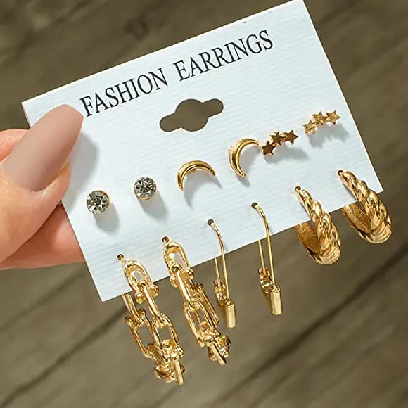 Stylish Golden Star Geometrical Safety Pin Hoop Earrings Set of 6 Pairs For Women