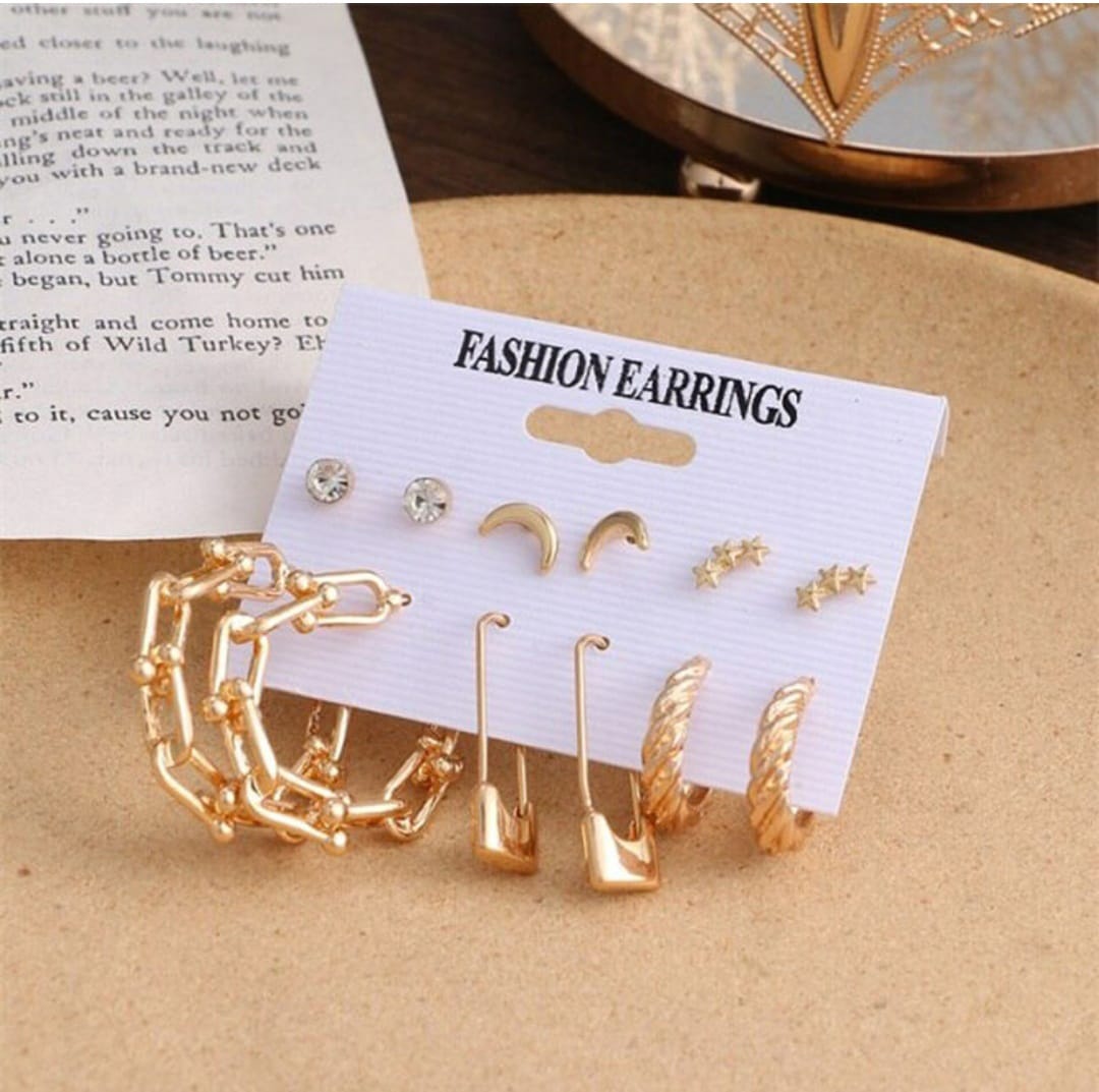 Stylish Golden Star Geometrical Safety Pin Hoop Earrings Set of 6 Pairs For Women