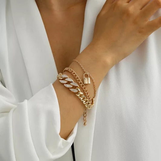 Yu Fashions 3 Layered Twisted Rhinestone Lock Link Multilayered Korean Bracelet