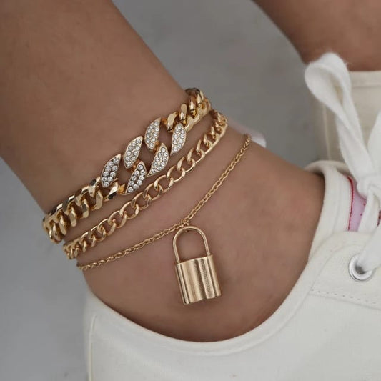 Yu Fashions 3 Layered Rhinestone Link Lock Multilayered Korean Anklet