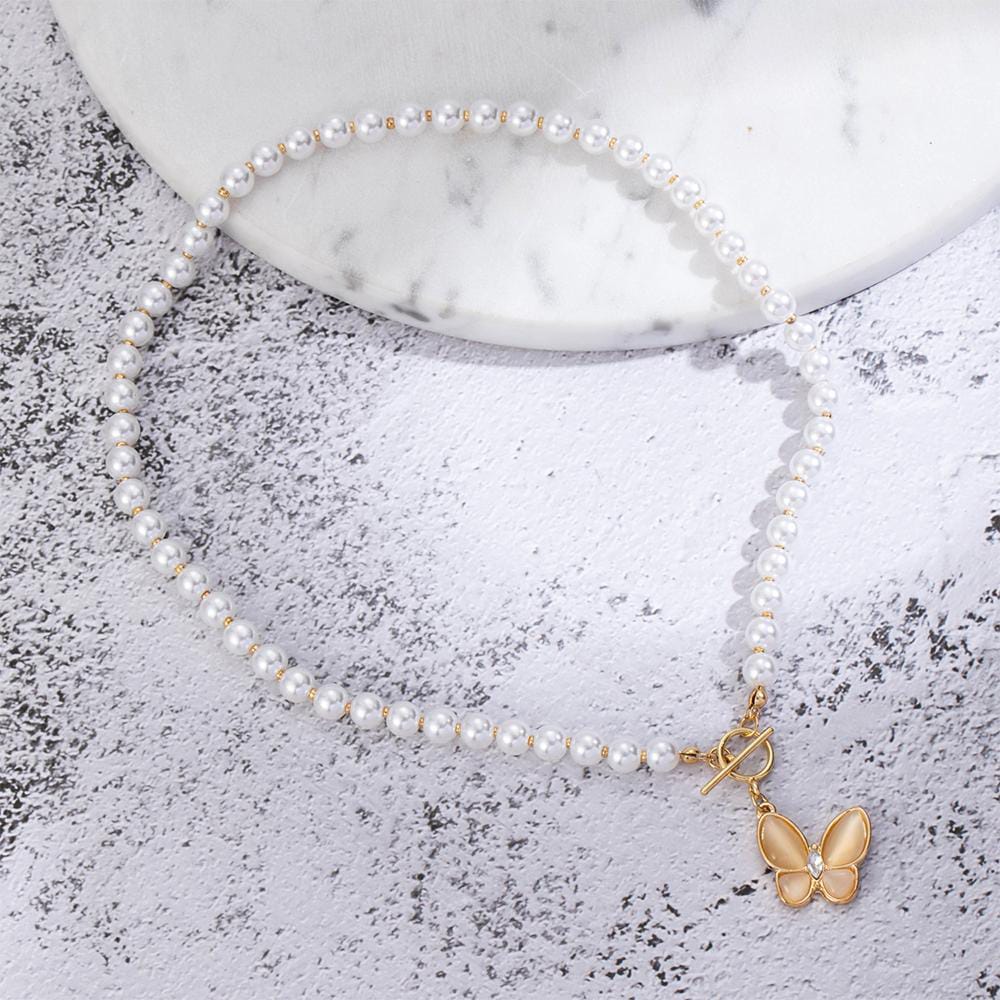 Yu Fashions Cute Butterfly Pendent Stone Pearl Necklace Chain