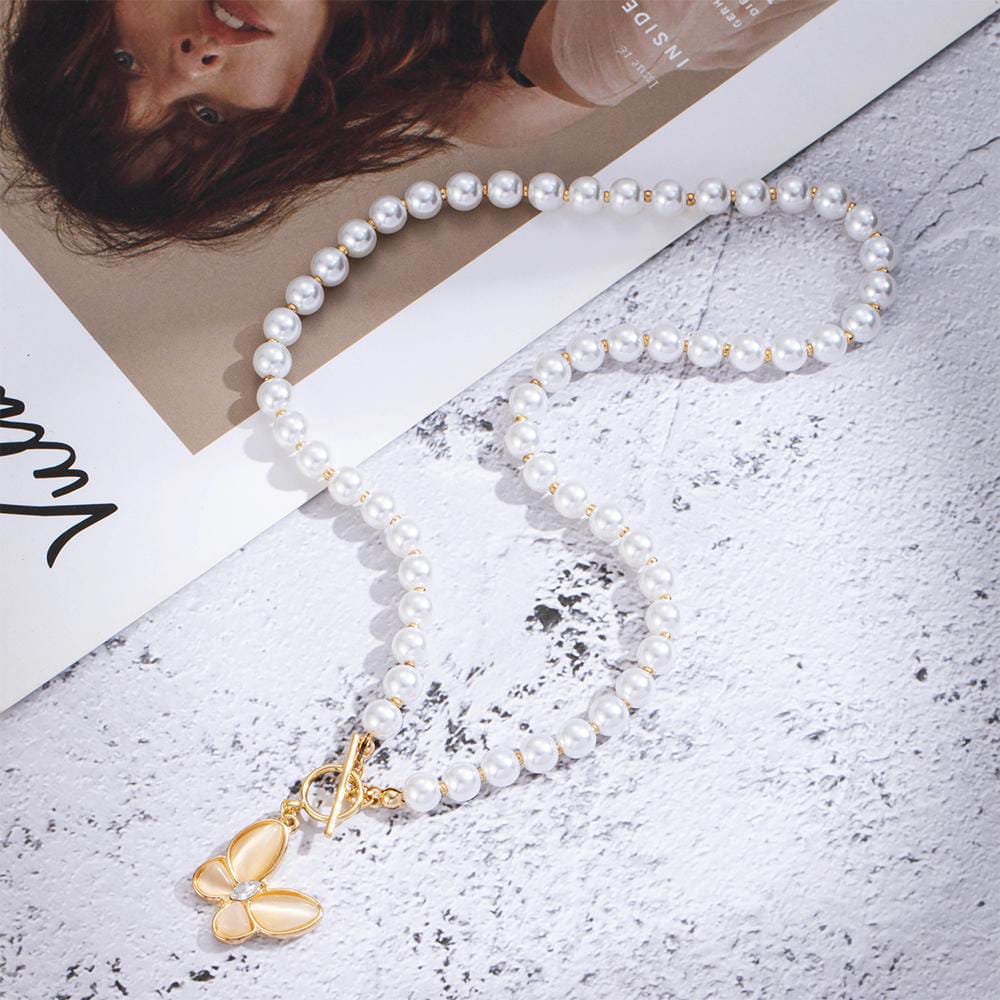 Yu Fashions Cute Butterfly Pendent Stone Pearl Necklace Chain