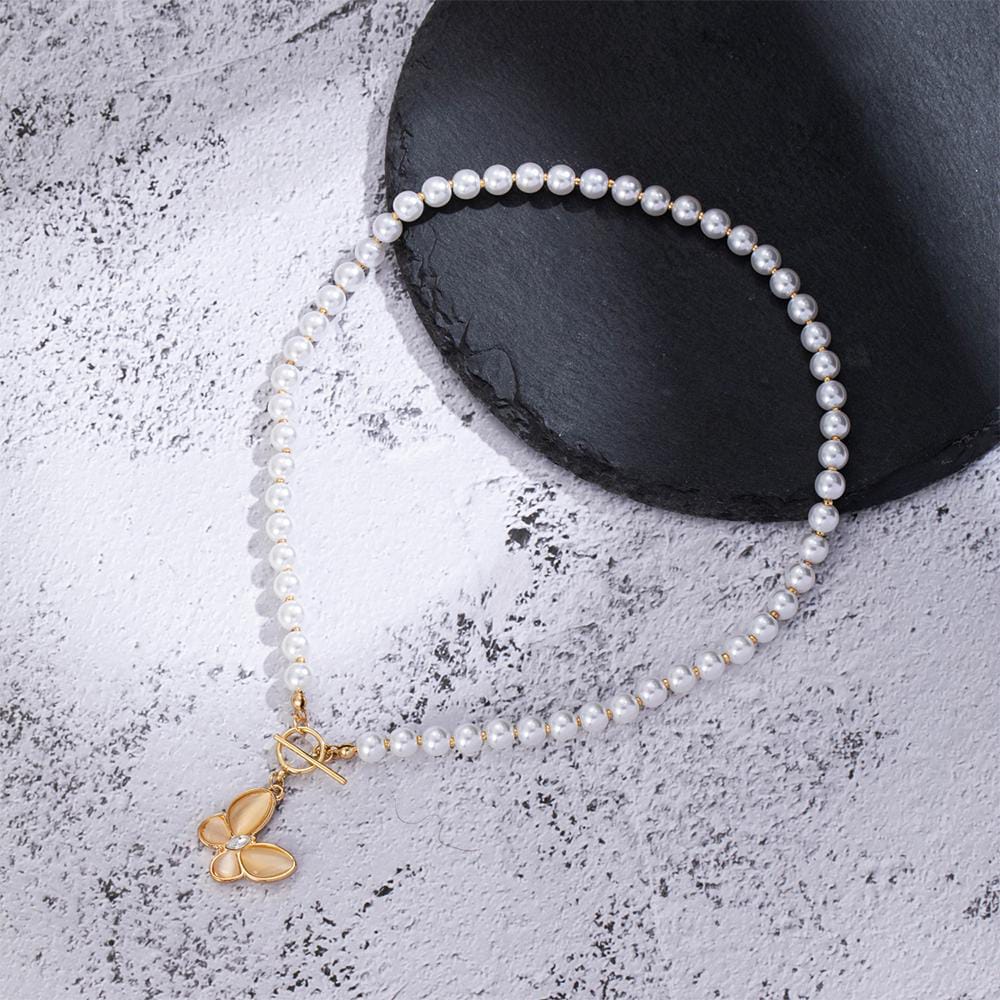 Yu Fashions Cute Butterfly Pendent Stone Pearl Necklace Chain