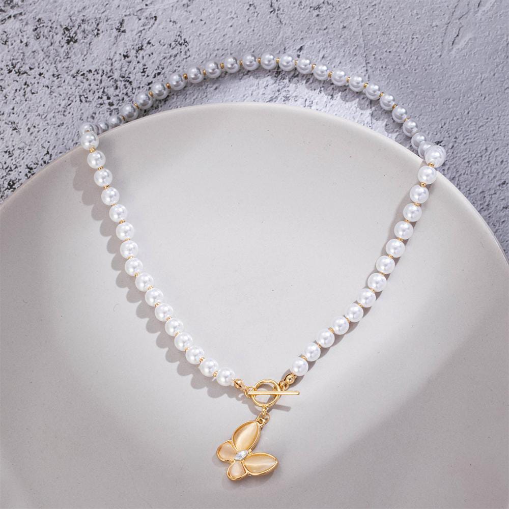 Yu Fashions Cute Butterfly Pendent Stone Pearl Necklace Chain