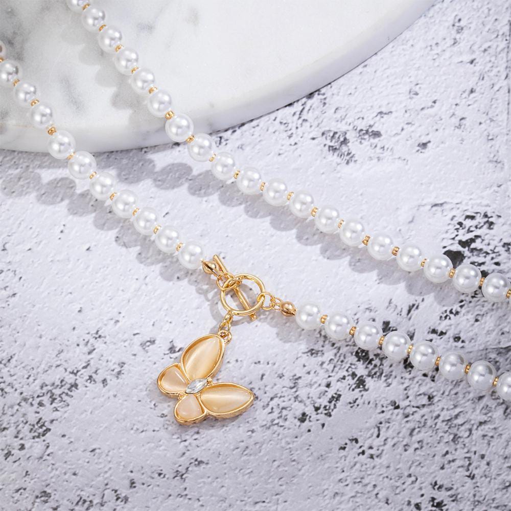 Yu Fashions Cute Butterfly Pendent Stone Pearl Necklace Chain