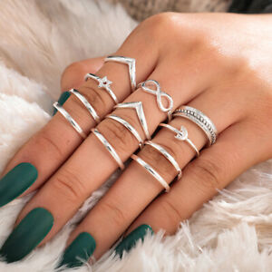 Yu Fashions Infinity Bohemian Silver Ring Set of 12