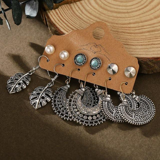 Stylish Silver Oxidised Bohemian Tribal Boho Blue Stud Pearl Earrings Set of 6 Pairs For Women