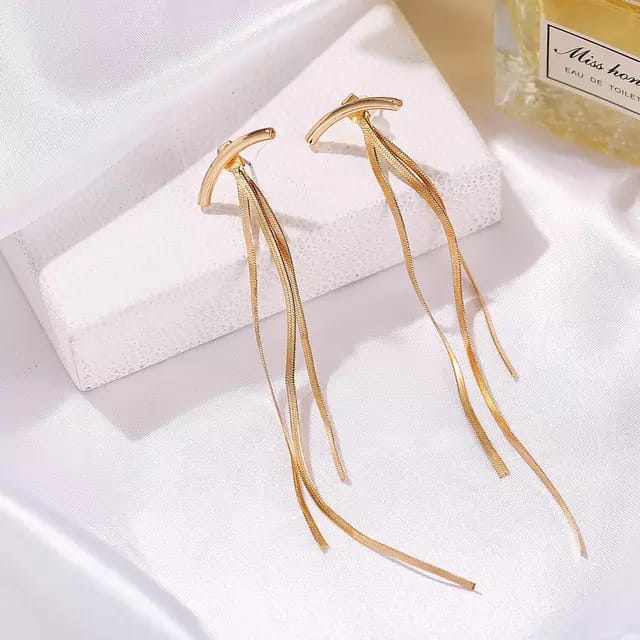 Yu Fashions Golden T Shaped Tassel Korean Earrings Pair