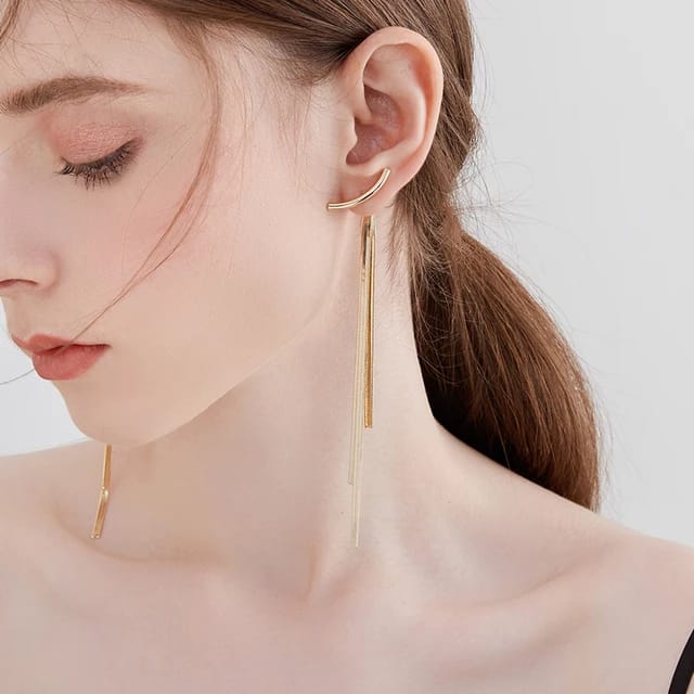 Yu Fashions Golden T Shaped Tassel Korean Earrings Pair