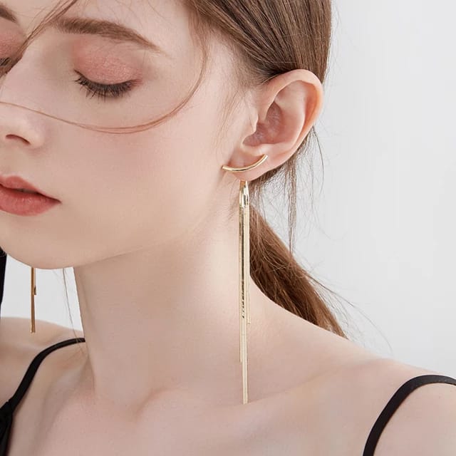 Yu Fashions Golden T Shaped Tassel Korean Earrings Pair