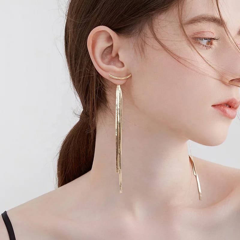 Yu Fashions Golden T Shaped Tassel Korean Earrings Pair