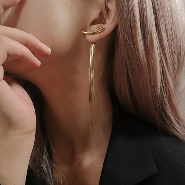 Yu Fashions Golden T Shaped Tassel Korean Earrings Pair