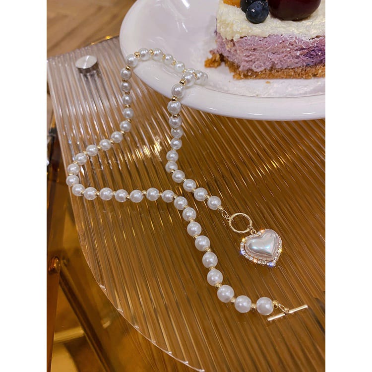 Yu Fashions Rhinestone Pearl Heart Pendent Necklace Pearl Chain