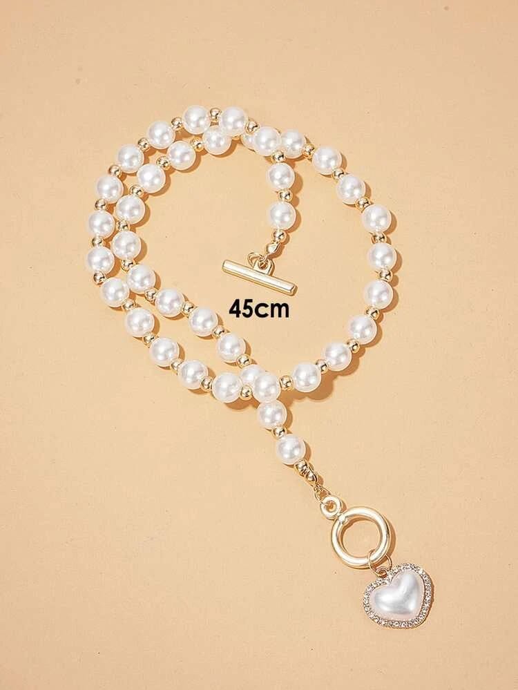 Yu Fashions Rhinestone Pearl Heart Pendent Necklace Pearl Chain