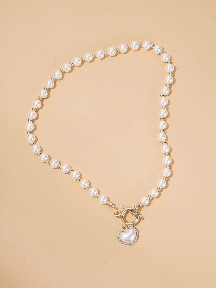 Yu Fashions Rhinestone Pearl Heart Pendent Necklace Pearl Chain