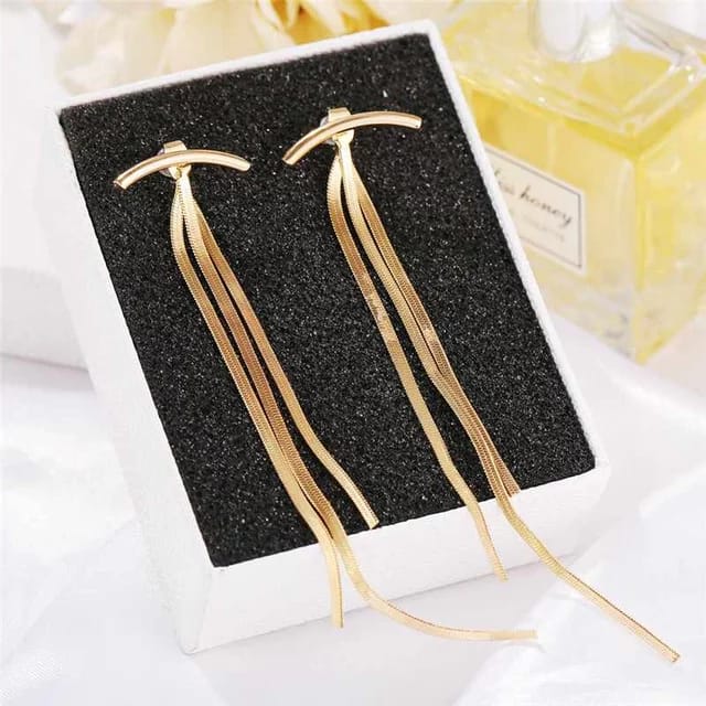 Yu Fashions Golden T Shaped Tassel Korean Earrings Pair