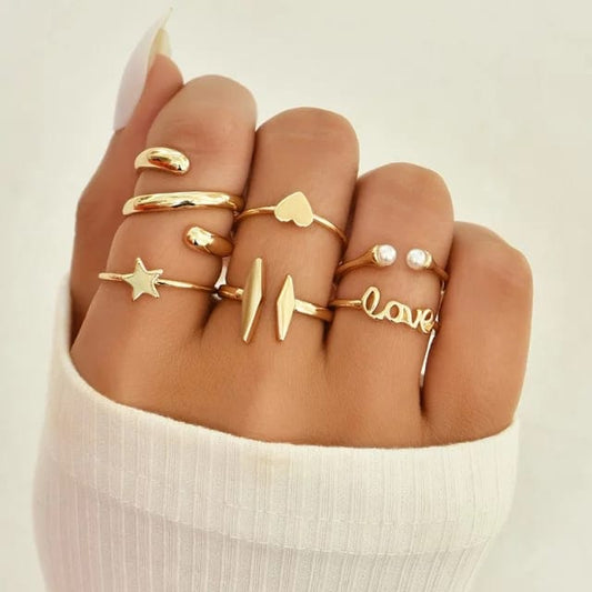 Yu Fashions Gold Geometric Pearl Heart Love Star Ring Set Punk Metal Twist Cross Finger Ring Jewelry