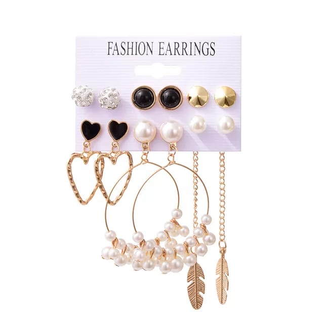 Stylish Paerl Hoop Heart golden Leaf Tassel Stud Earrings Set of 6 Pairs For Women