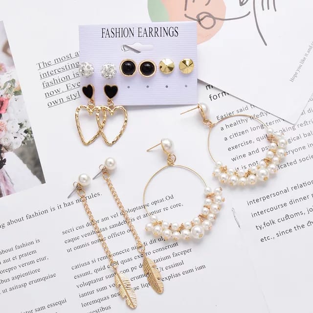 Stylish Paerl Hoop Heart golden Leaf Tassel Stud Earrings Set of 6 Pairs For Women