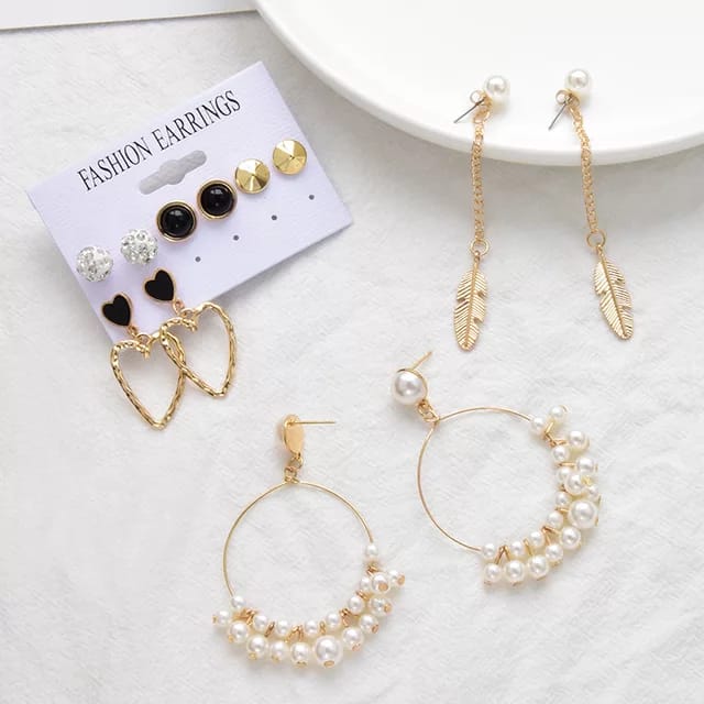 Stylish Paerl Hoop Heart golden Leaf Tassel Stud Earrings Set of 6 Pairs For Women