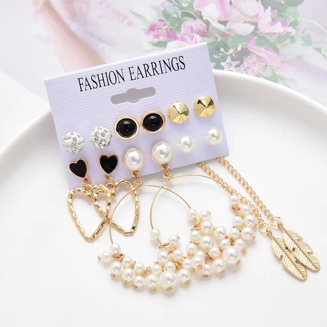 Stylish Paerl Hoop Heart golden Leaf Tassel Stud Earrings Set of 6 Pairs For Women