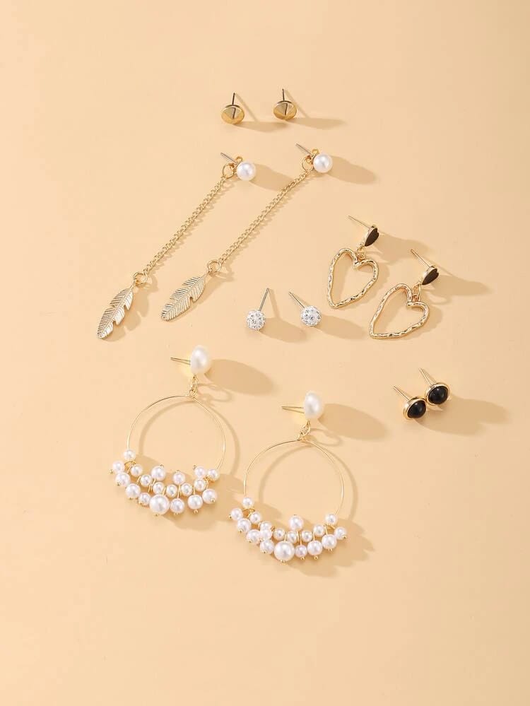 Stylish Paerl Hoop Heart golden Leaf Tassel Stud Earrings Set of 6 Pairs For Women