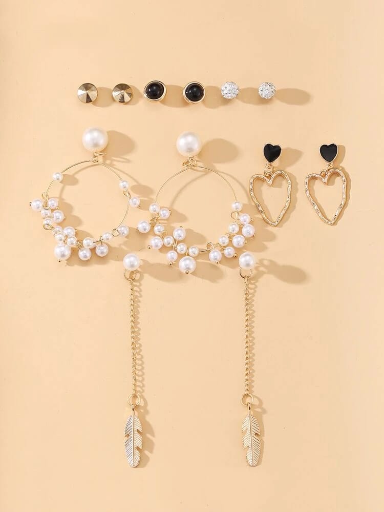 Stylish Paerl Hoop Heart golden Leaf Tassel Stud Earrings Set of 6 Pairs For Women