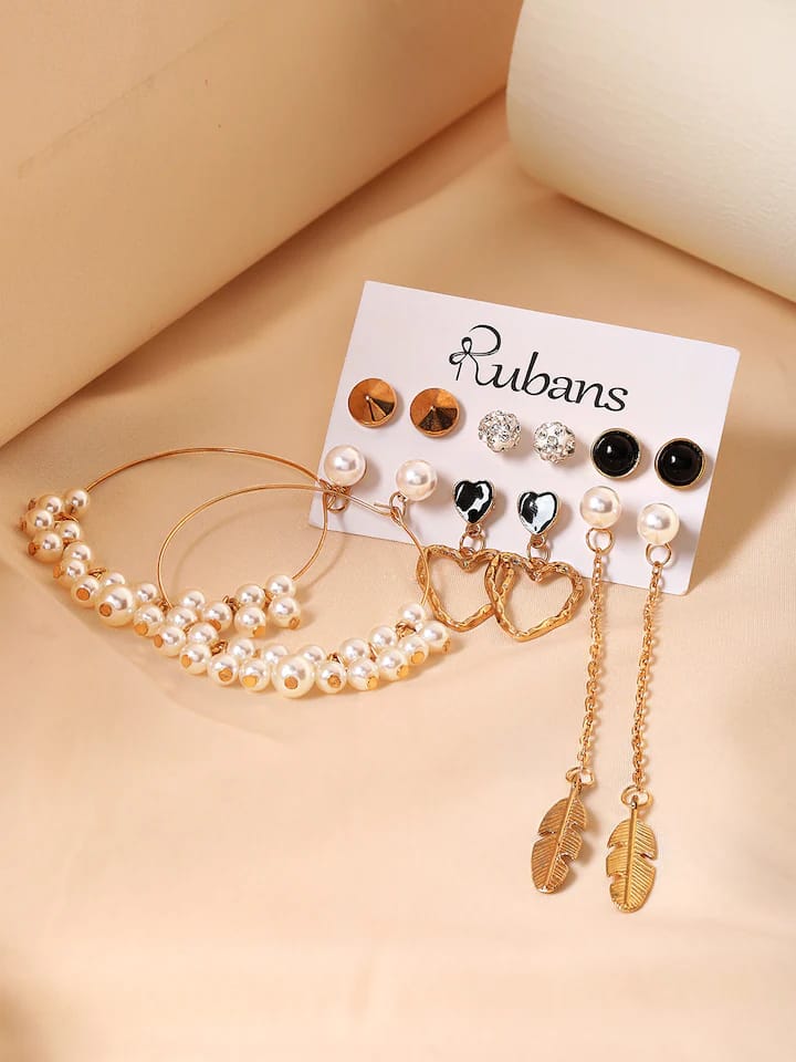 Stylish Paerl Hoop Heart golden Leaf Tassel Stud Earrings Set of 6 Pairs For Women
