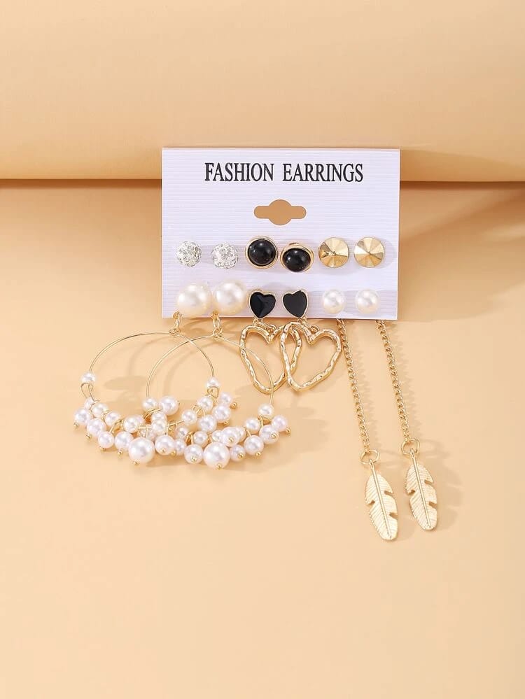 Stylish Paerl Hoop Heart golden Leaf Tassel Stud Earrings Set of 6 Pairs For Women
