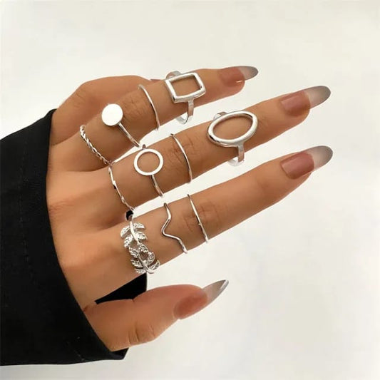 Yu Fashions Punk Geometric Square Round Irregular Ring Set Jewelry Simple Leaf Twisted Finger Ring Set of 11 for women
