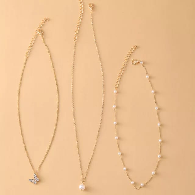 Yu Fashions Trending 3 layered Pearl Pendent Butterfly Pearl Chain Necklace
