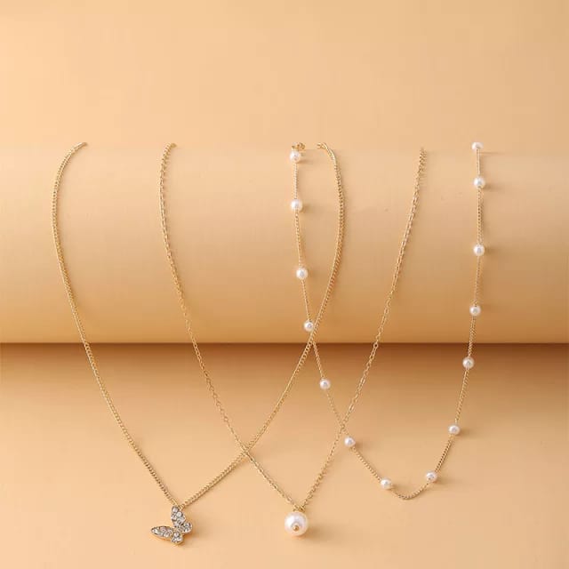 Yu Fashions Trending 3 layered Pearl Pendent Butterfly Pearl Chain Necklace