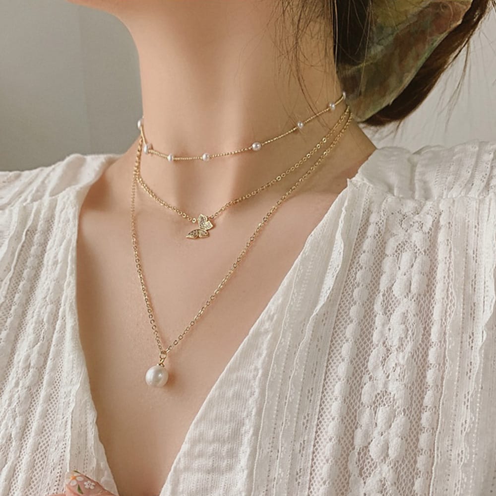 Yu Fashions Trending 3 layered Pearl Pendent Butterfly Pearl Chain Necklace