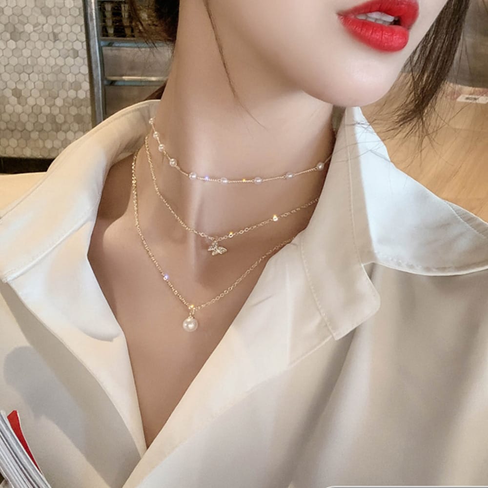 Yu Fashions Trending 3 layered Pearl Pendent Butterfly Pearl Chain Necklace