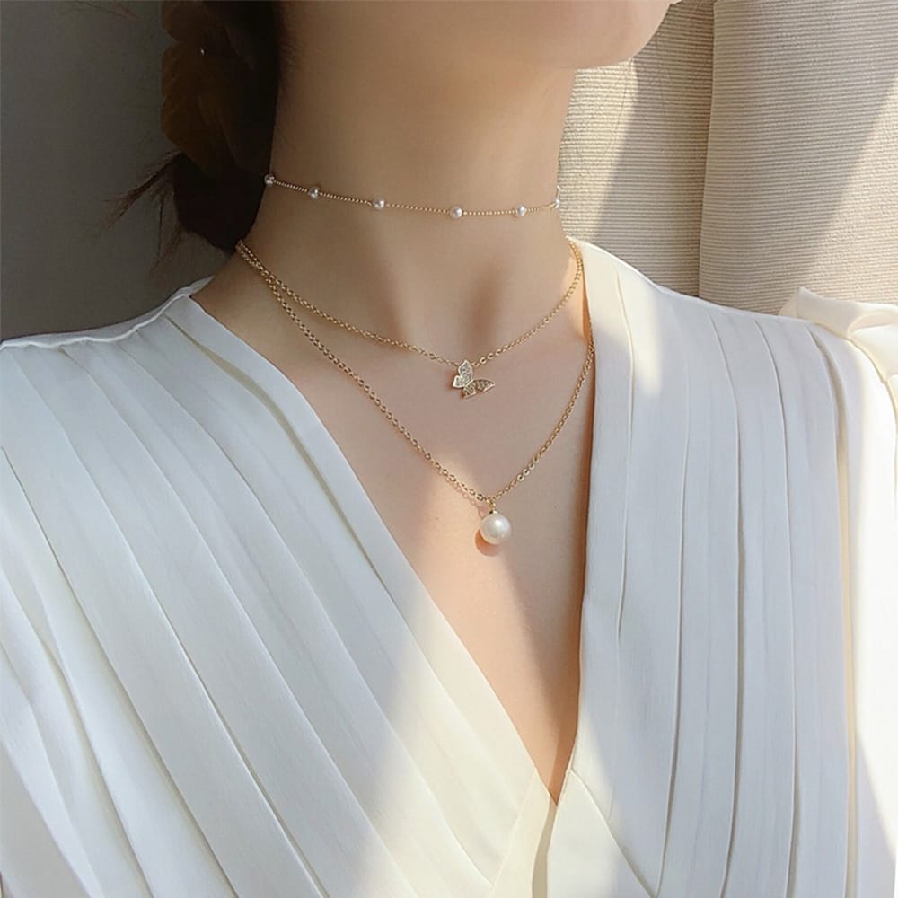 Yu Fashions Trending 3 layered Pearl Pendent Butterfly Pearl Chain Necklace