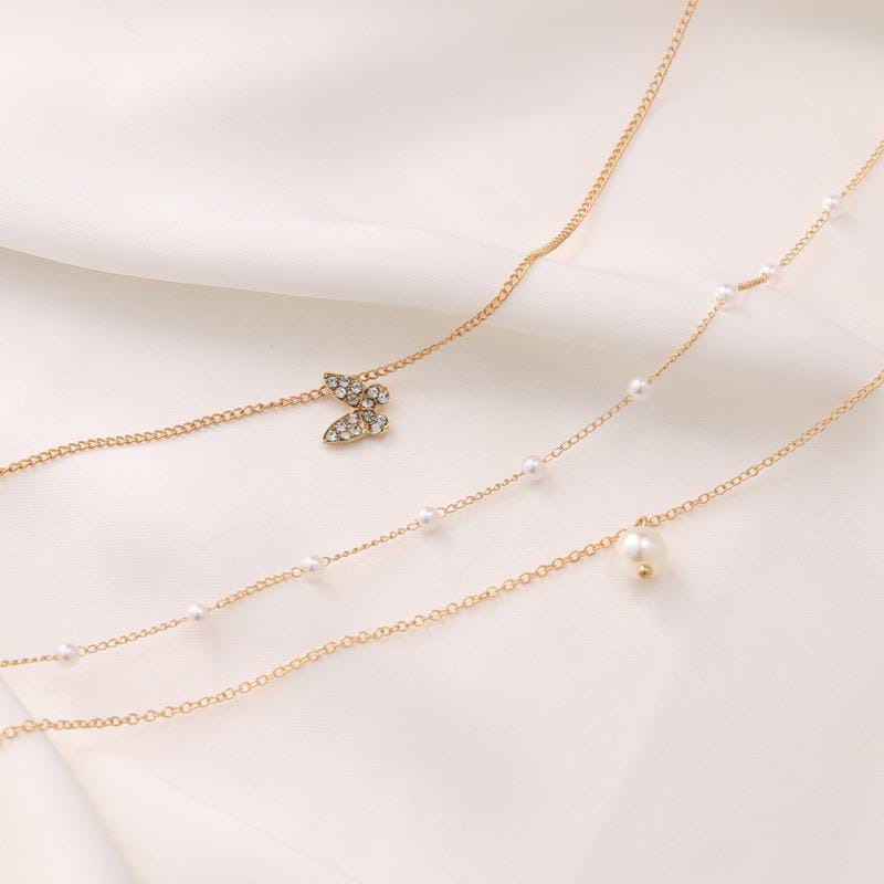 Yu Fashions Trending 3 layered Pearl Pendent Butterfly Pearl Chain Necklace