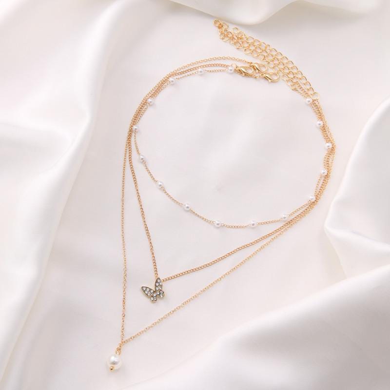 Yu Fashions Trending 3 layered Pearl Pendent Butterfly Pearl Chain Necklace