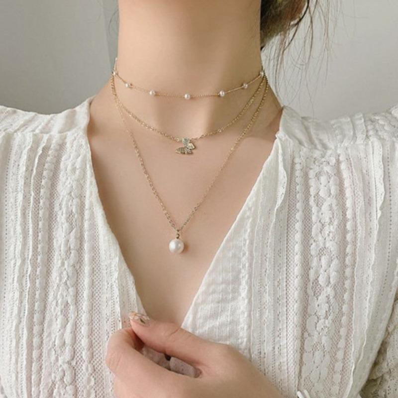 Yu Fashions Trending 3 layered Pearl Pendent Butterfly Pearl Chain Necklace