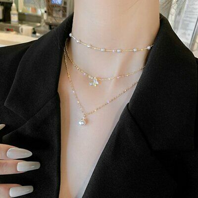 Yu Fashions Trending 3 layered Pearl Pendent Butterfly Pearl Chain Necklace